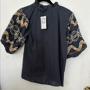 THML Gray Puff Sleeve Blouse with Mandarin Collar